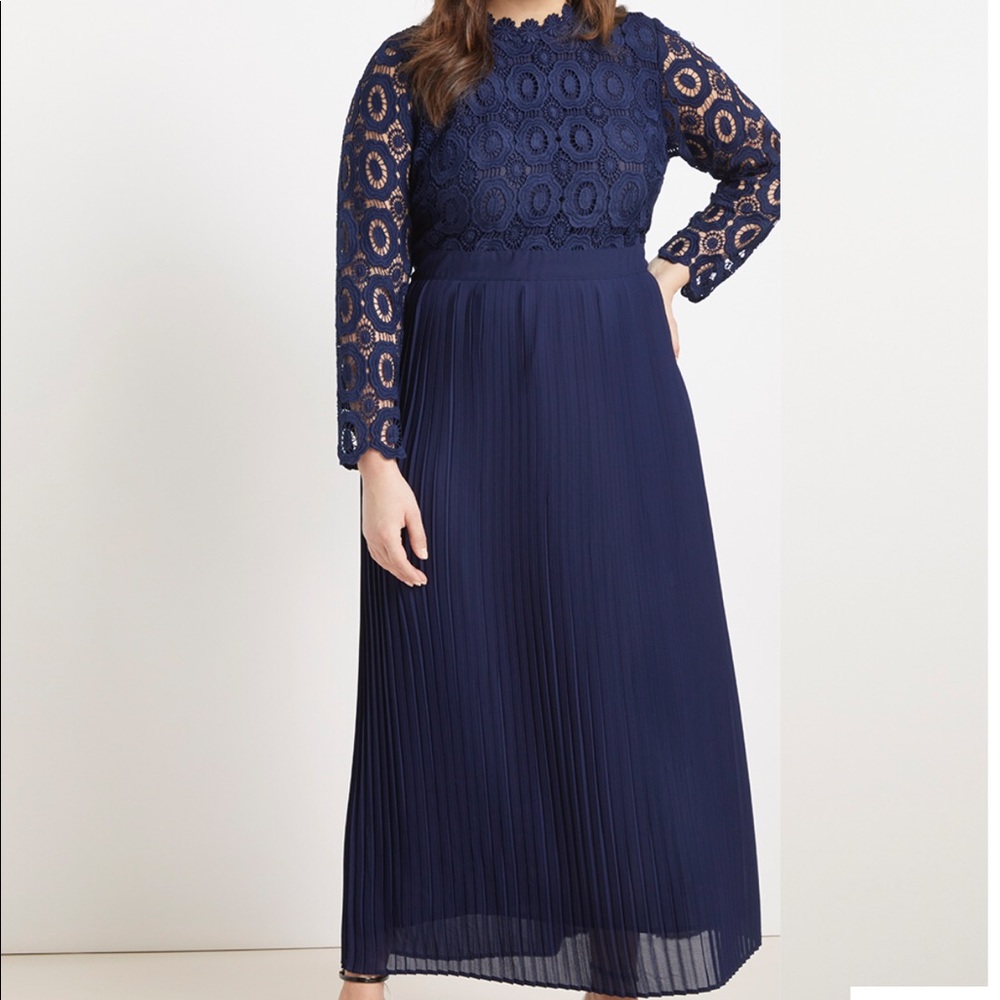 Navy Blue Lace Evening Dress with Pleated Skirt